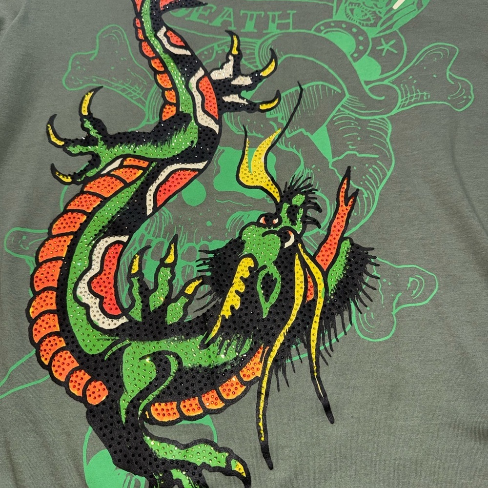 Ed Hardy Olive Dragon Tee with Neon Orange & Yellow Accents - Picture 4 of 8